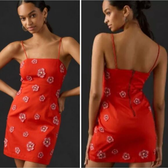 Anthropologie Dresses & Skirts - Anthropologie Red Spaghetti-Strap 3D‎ Floral Petals Bodycon Dress sz 10 NWT